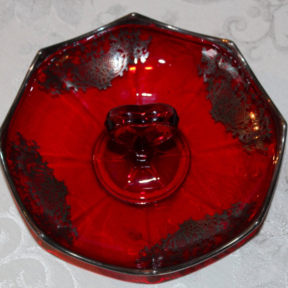 Gorgeous Ruby Silver Overlay Candy Dish | Heart-Shaped Handle | Octagonal